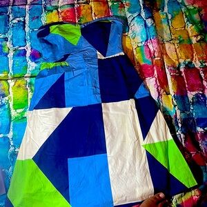Maeve blue green white geometric strapless dress size 6